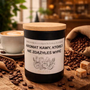 Świeca z napisem AROMAT KAWY, KTÓREJ NIE ZDĄZYŁEŚ WYPIĆ