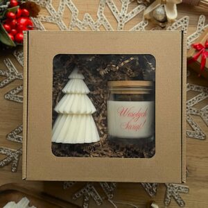 Świąteczny zestaw świec sojowych w pudełku prezentowym ze wstążką